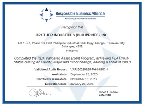 brother industries (philippines) inc. batangas|November. 24, 2023 RBA Platinum Certification .